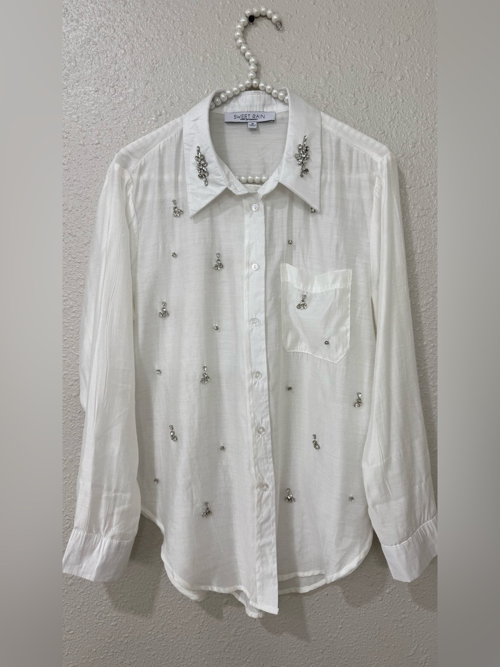 Sweet Rain Rhinestone Embellished White Button Down Shirt M Jeweled Blouse - Picture 2 of 8